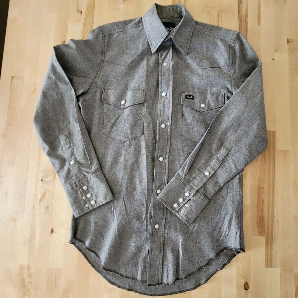 Wrangler Mens Pearl Snap Long Sleeve Shirt Cowboy Cut Gray SZ Small Western
